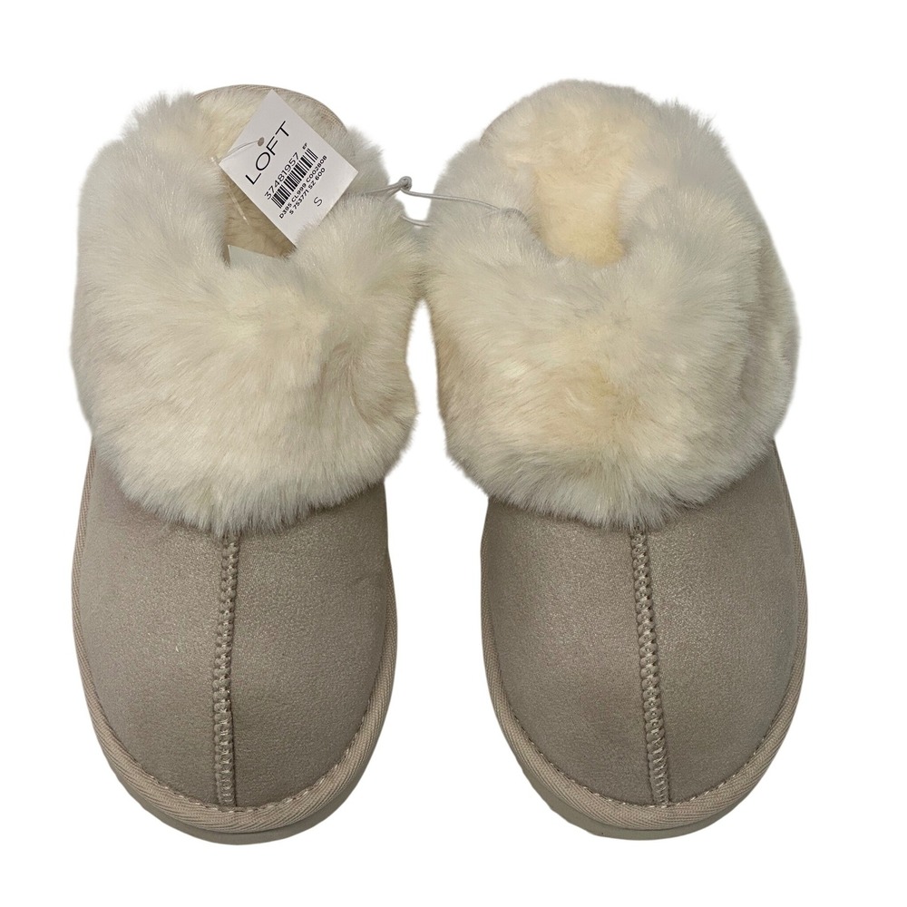 LOFT Slippers Beige Faux Fur Trim Cozy Indoor House Shoes Small Women